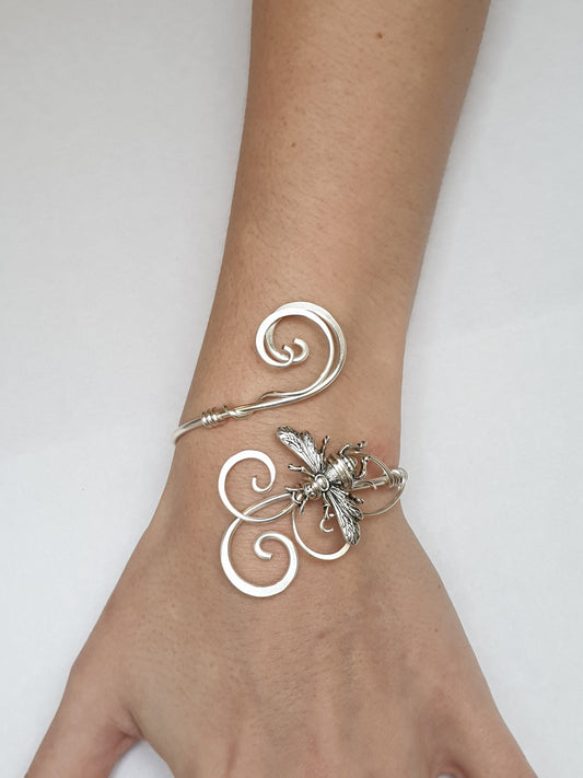 Silver bumble bee cuff bracelet, unique adjustable bangle gift