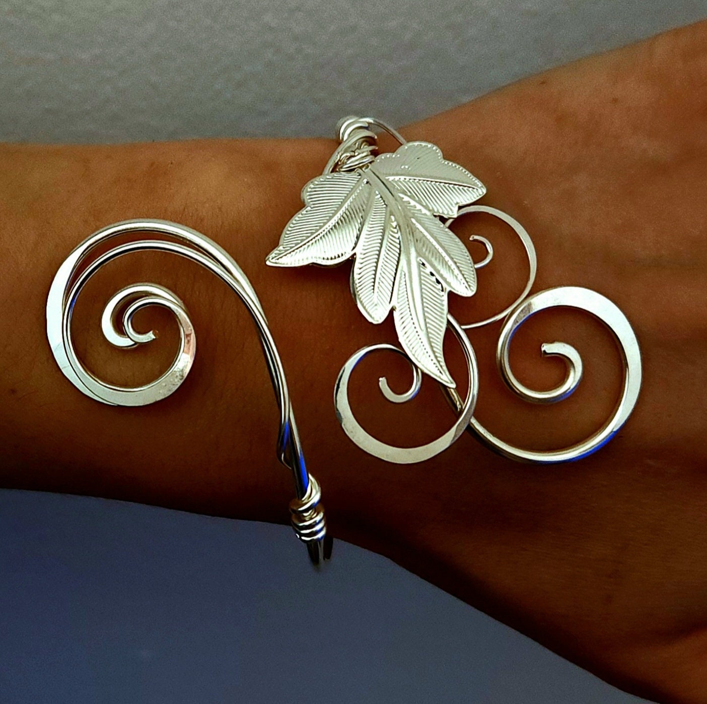 Silver ivy leaf bracelet, handmade forest vine cuff bangle, elven bridal wedding jewellery
