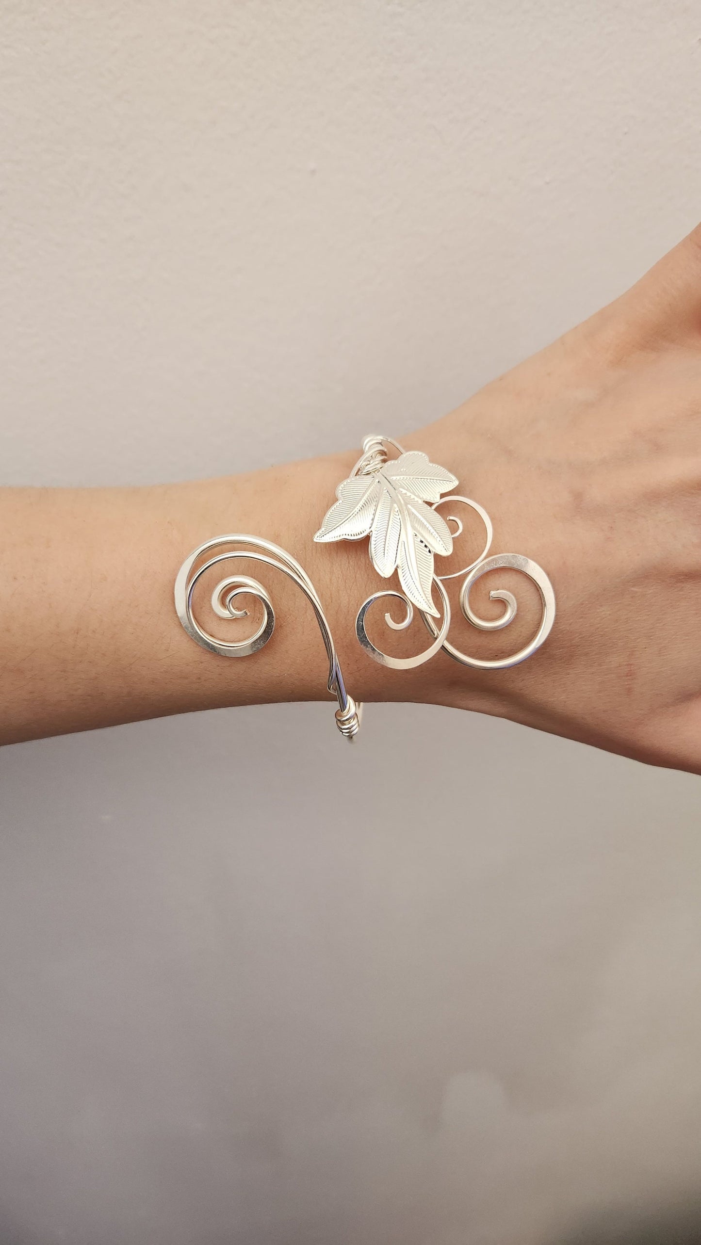 Silver ivy leaf bracelet, handmade forest vine cuff bangle, elven bridal wedding jewellery