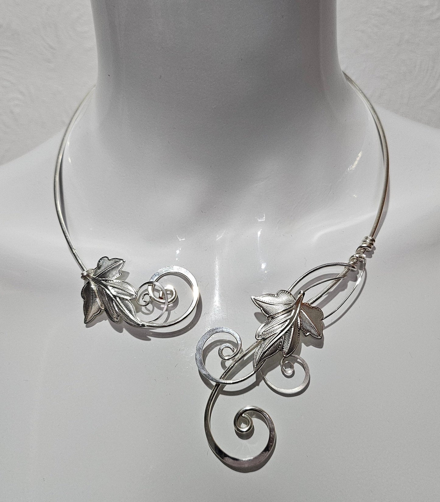 Silver ivy necklace, elven leaf statement collar, elven wedding torc