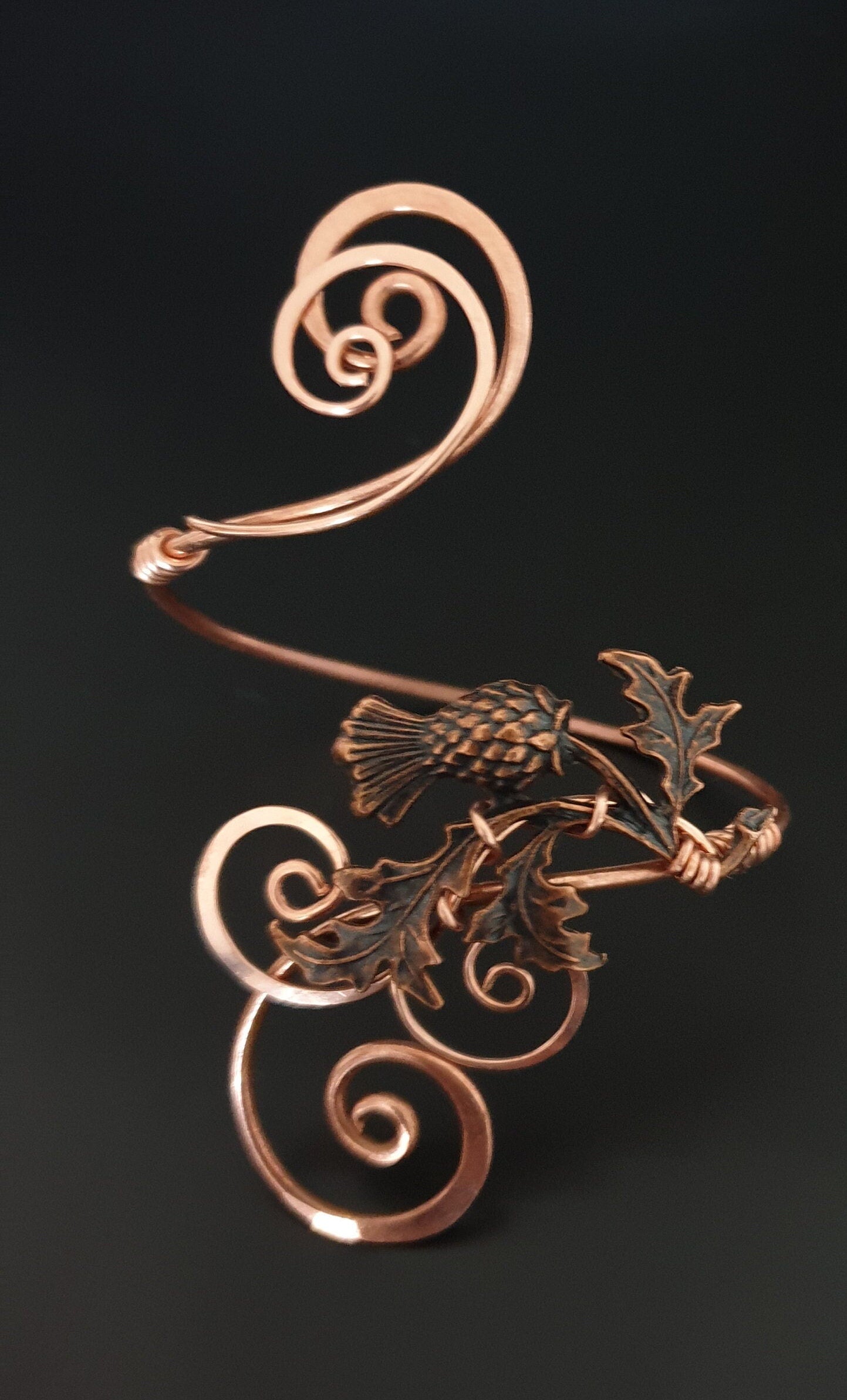 Copper thistle leaf bracelet, handmade scottish vine cuff bangle, elven bridal wedding jewellery