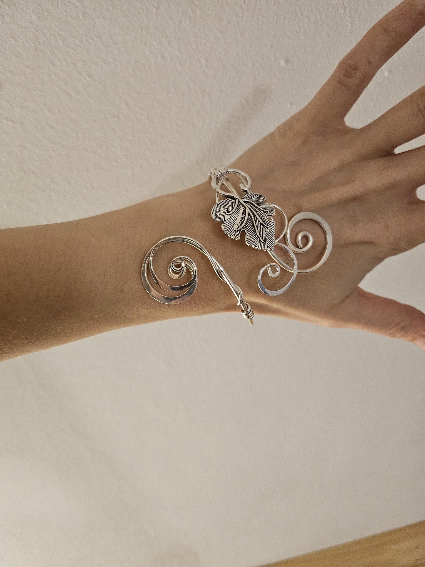 Silver vine leaf cuff bracelet, hammered curl adjustable bangle