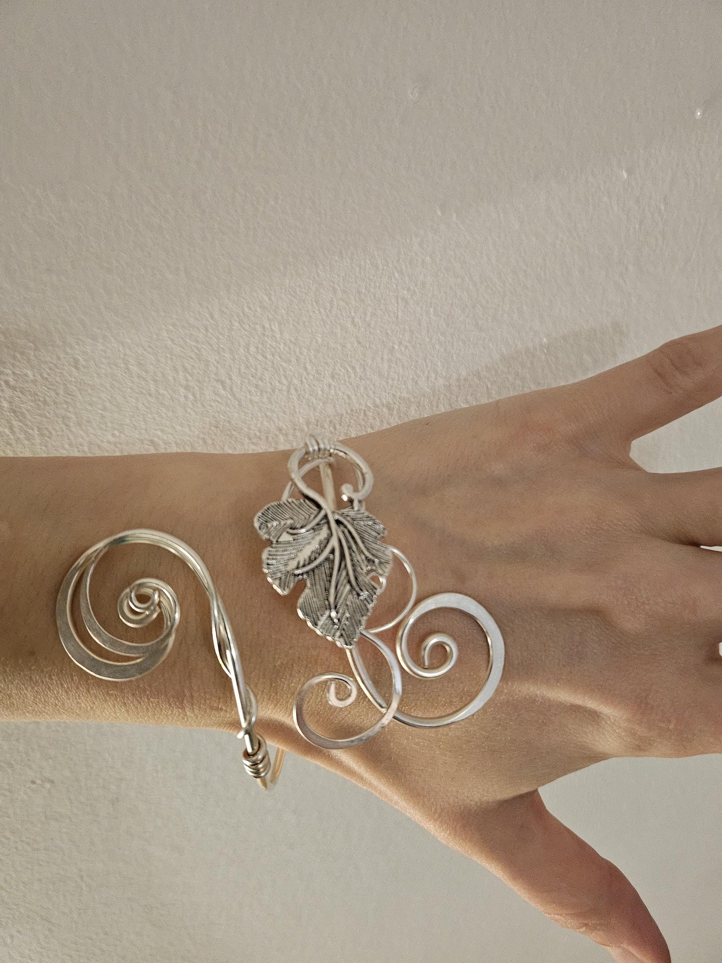 Silver vine leaf cuff bracelet, hammered curl adjustable bangle