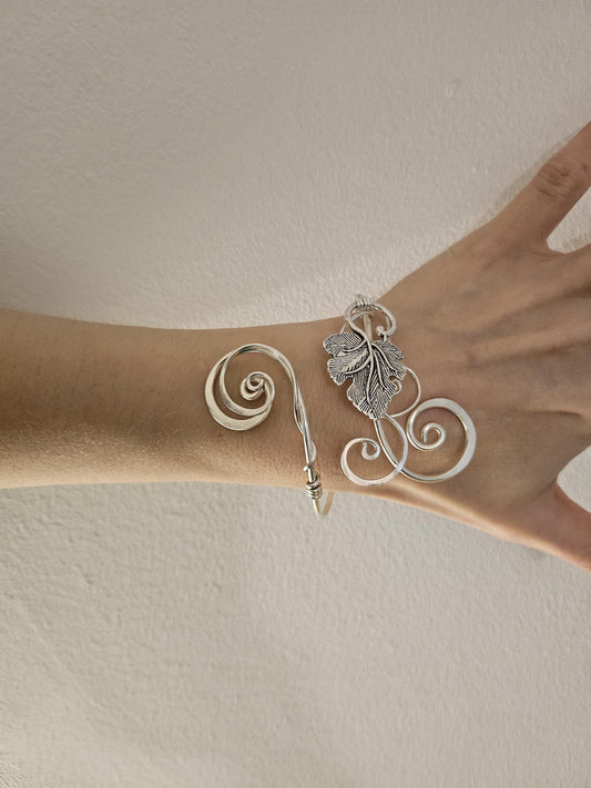 Silver vine leaf cuff bracelet, hammered curl adjustable bangle