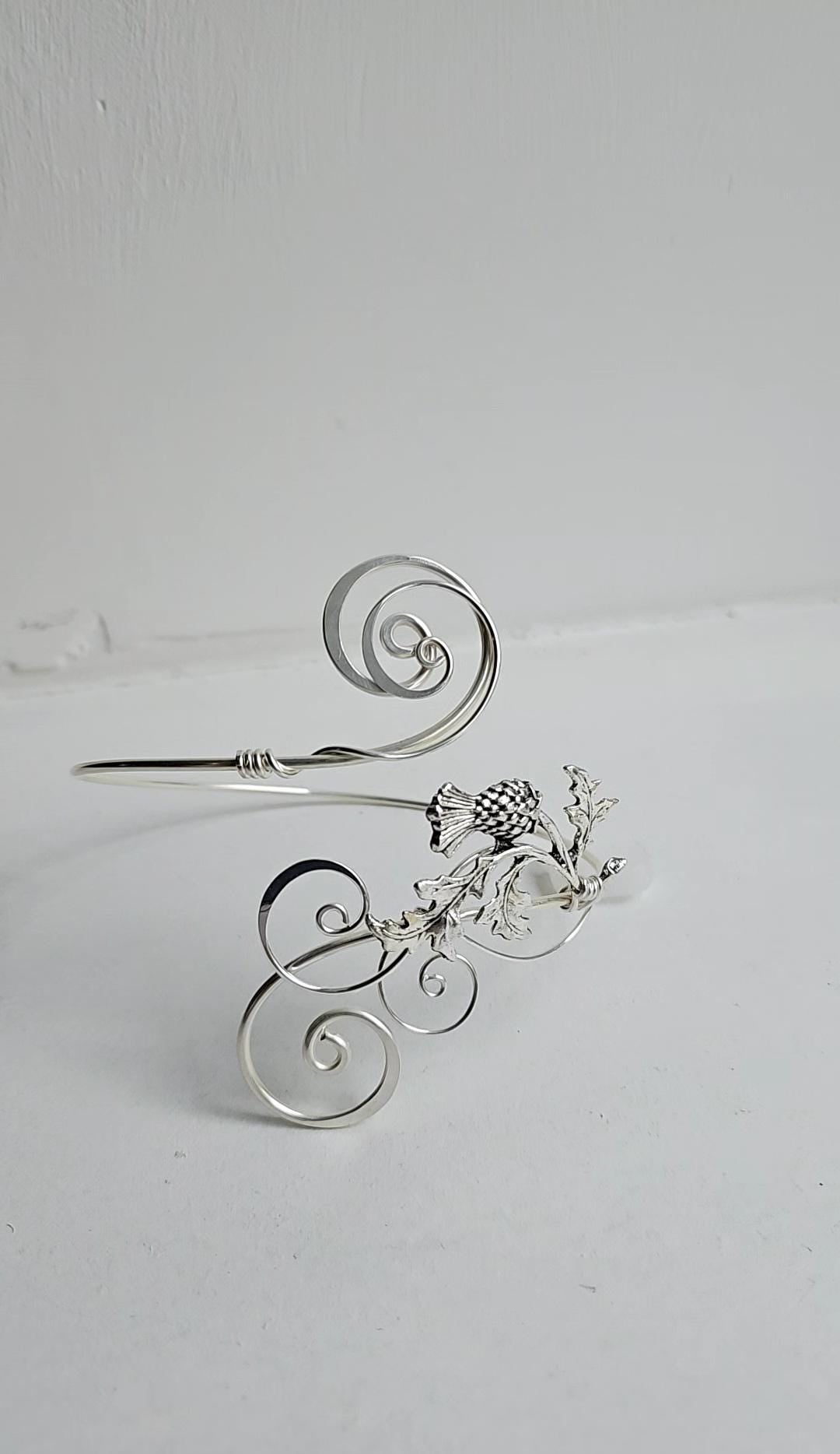 Handmade Silver Thistle Arm Cuff: Adjustable Elven Boho Jewelry