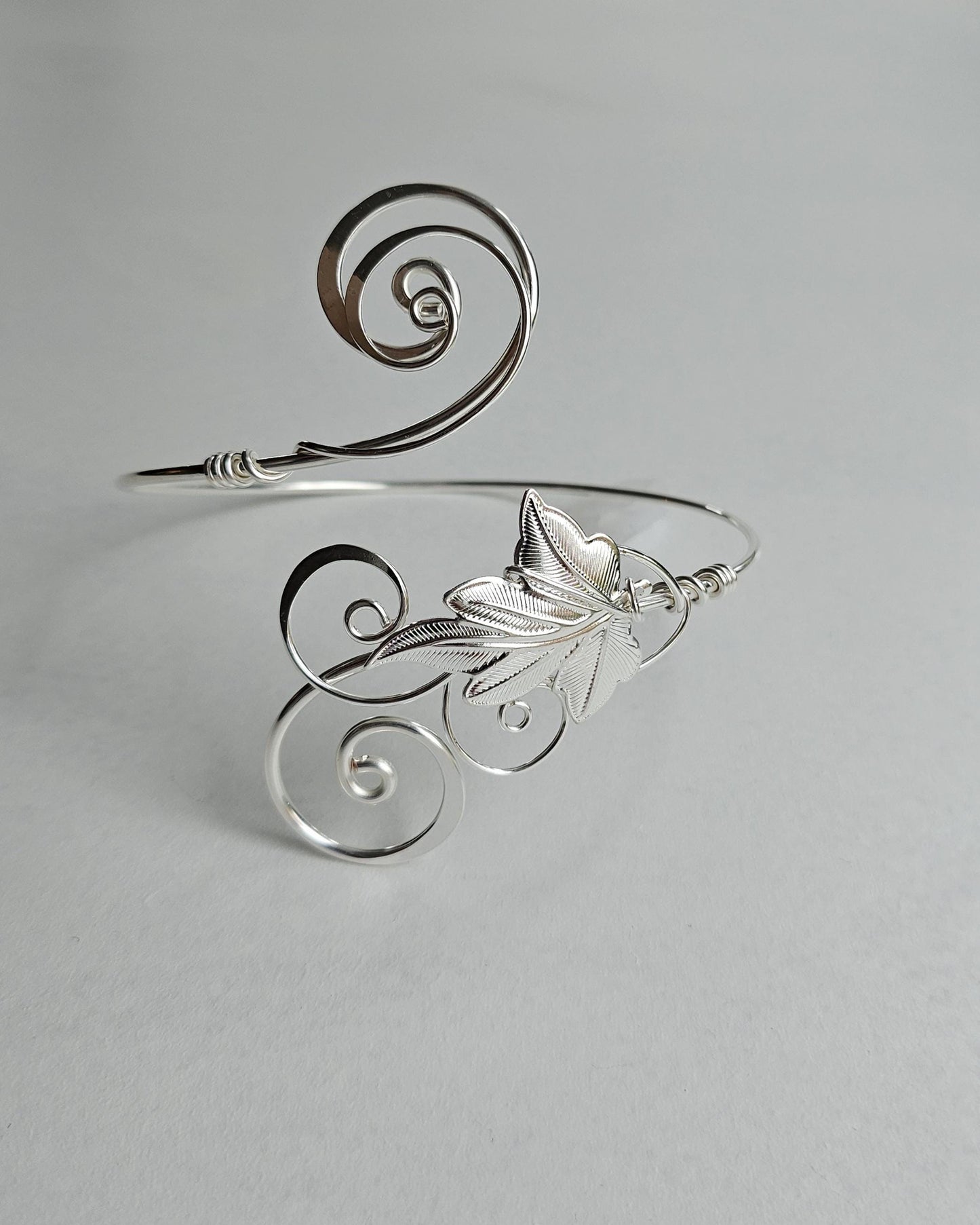 Handmade Sterling Plated Arm Cuff - Ivy Leaf Hammered Jewelry - Adjustable & Custom Fit