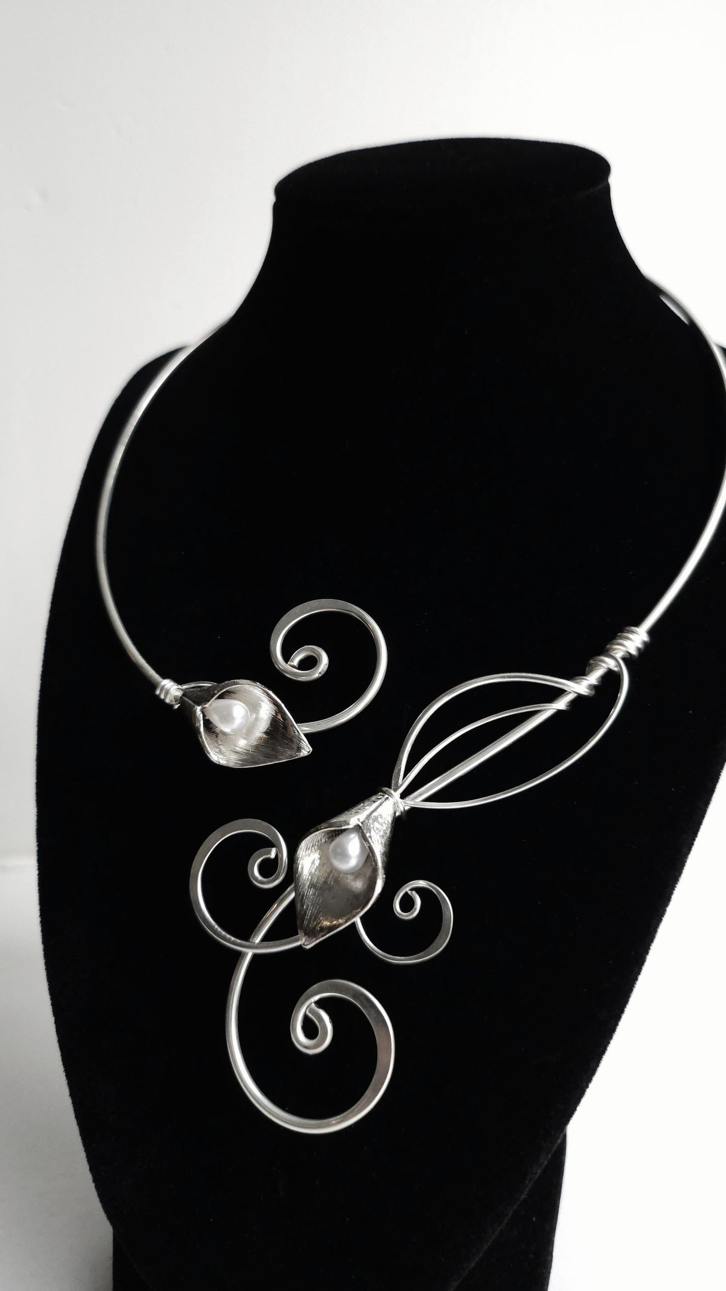 Lily Torc Collar Necklace - Silver Pearl Lily Accents, Adjustable Bridal & Ren Faire Choker