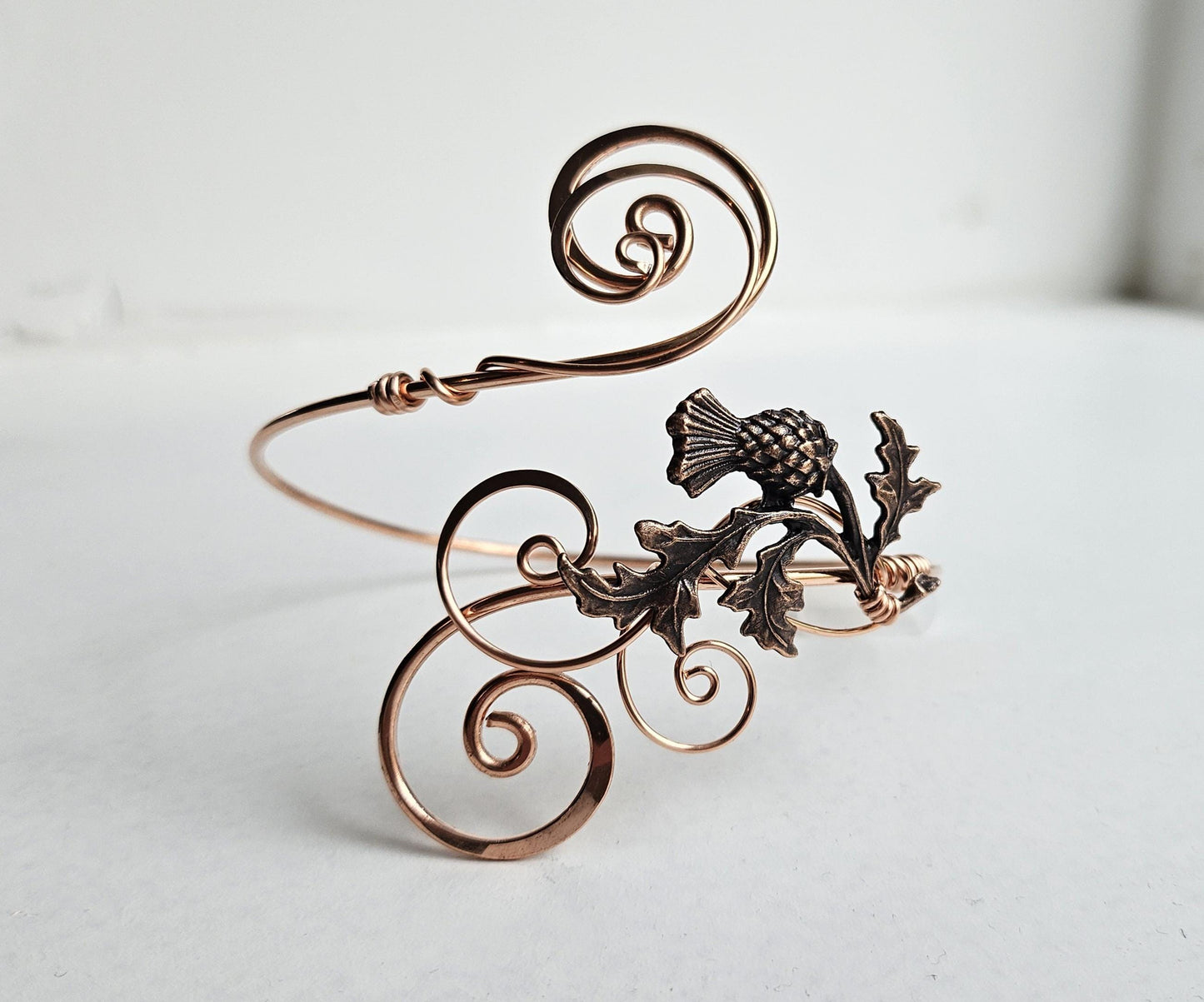Handmade Copper Thistle Arm Cuff - Adjustable Hammered Nature-Inspired Bracelet