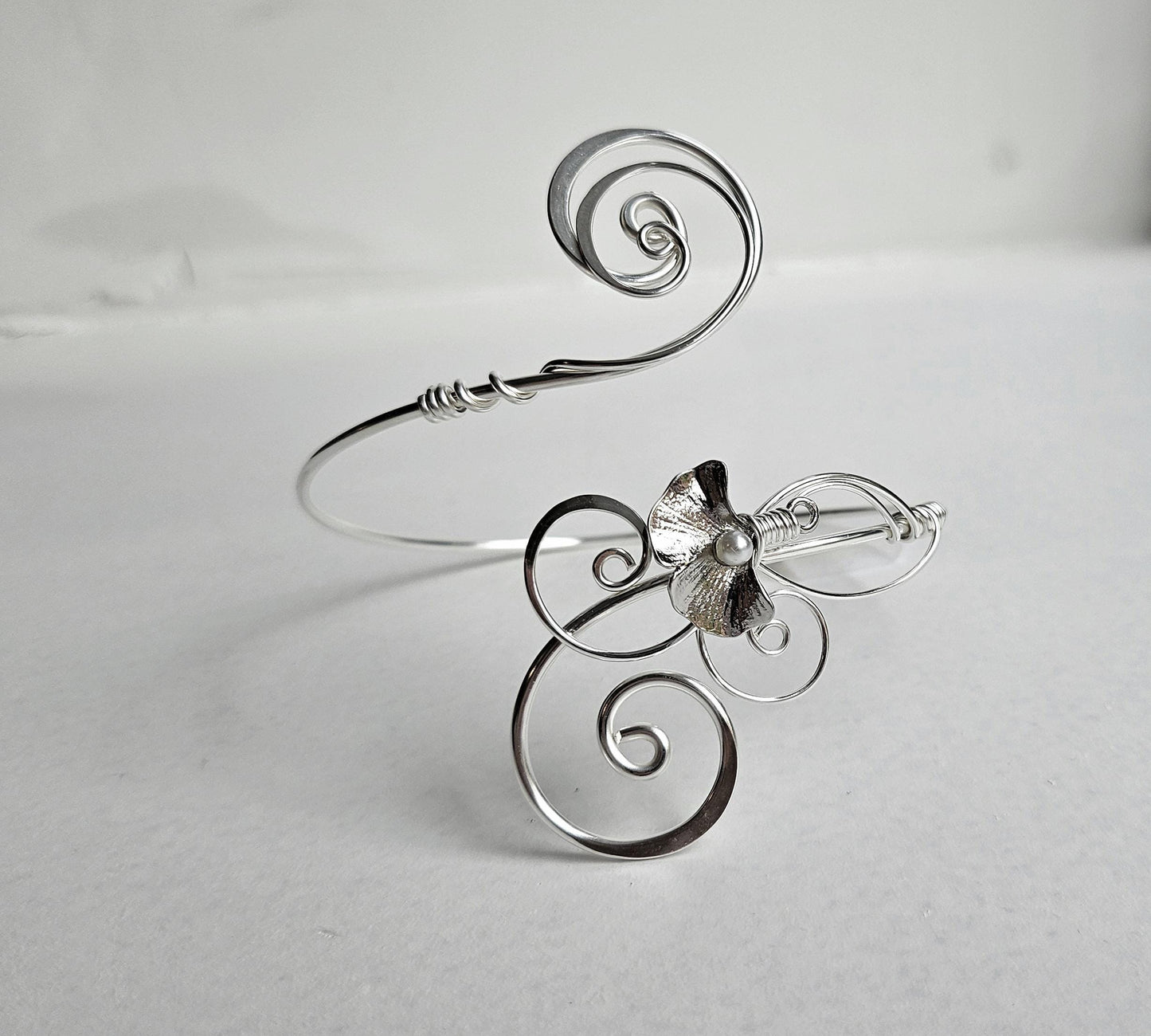 Silver Plated Copper Arm Cuff with Pearl Ginkgo Leaf - Adjustable Botanical Bracelet