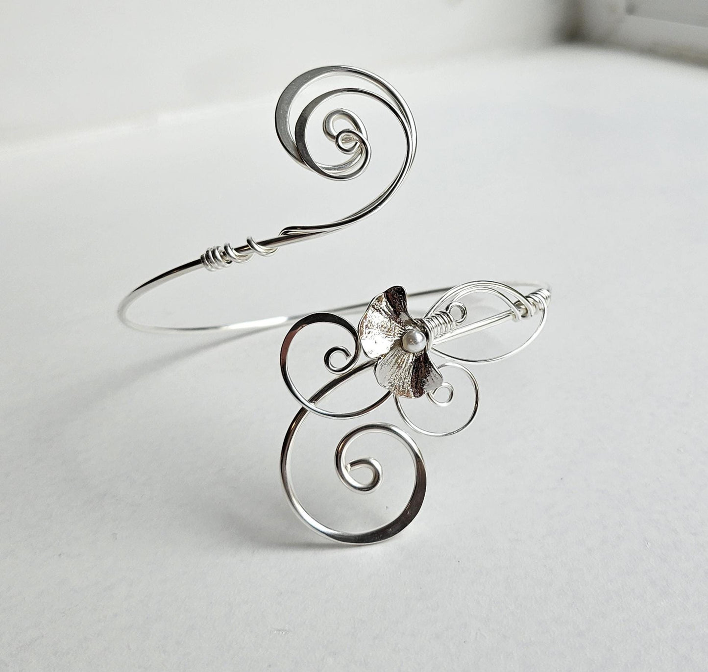 Silver Plated Copper Arm Cuff with Pearl Ginkgo Leaf - Adjustable Botanical Bracelet