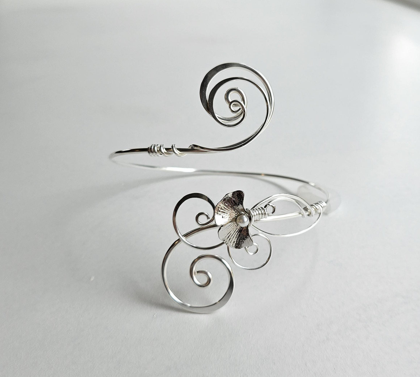Silver Plated Copper Arm Cuff with Pearl Ginkgo Leaf - Adjustable Botanical Bracelet
