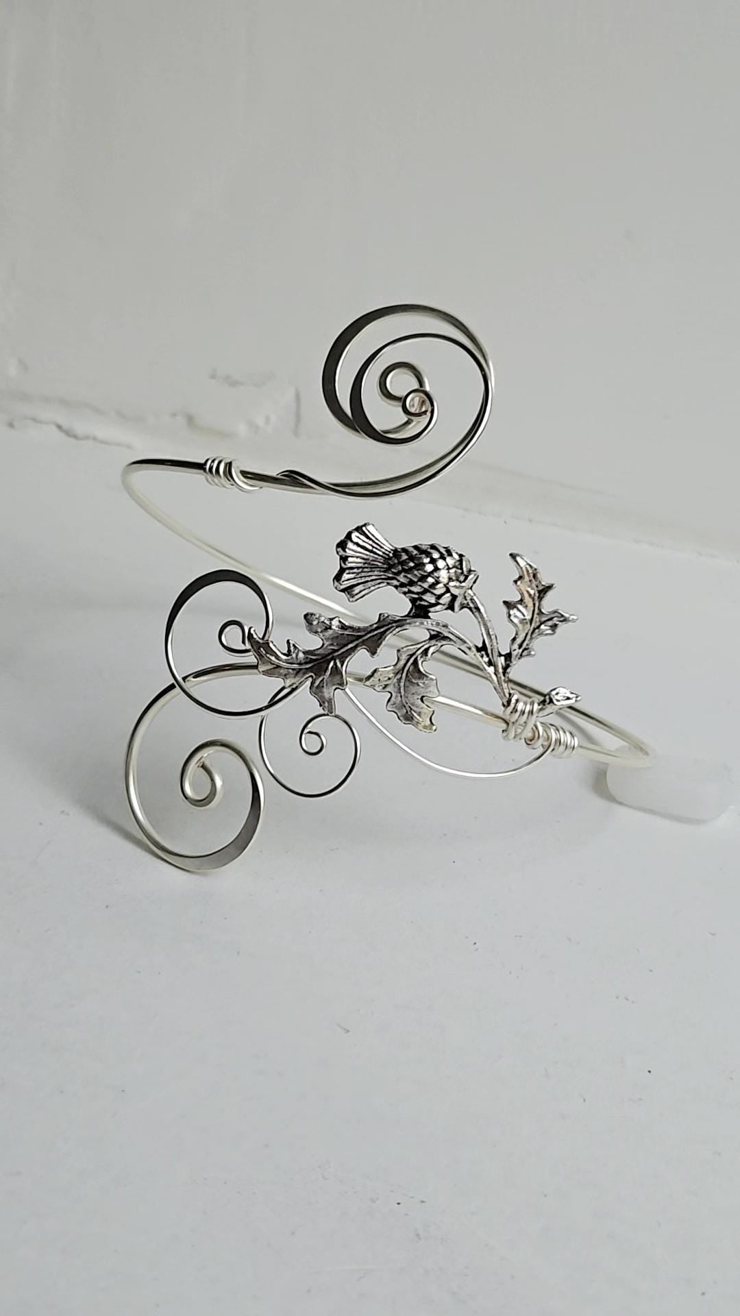 Handmade Silver Thistle Arm Cuff: Adjustable Elven Boho Jewelry