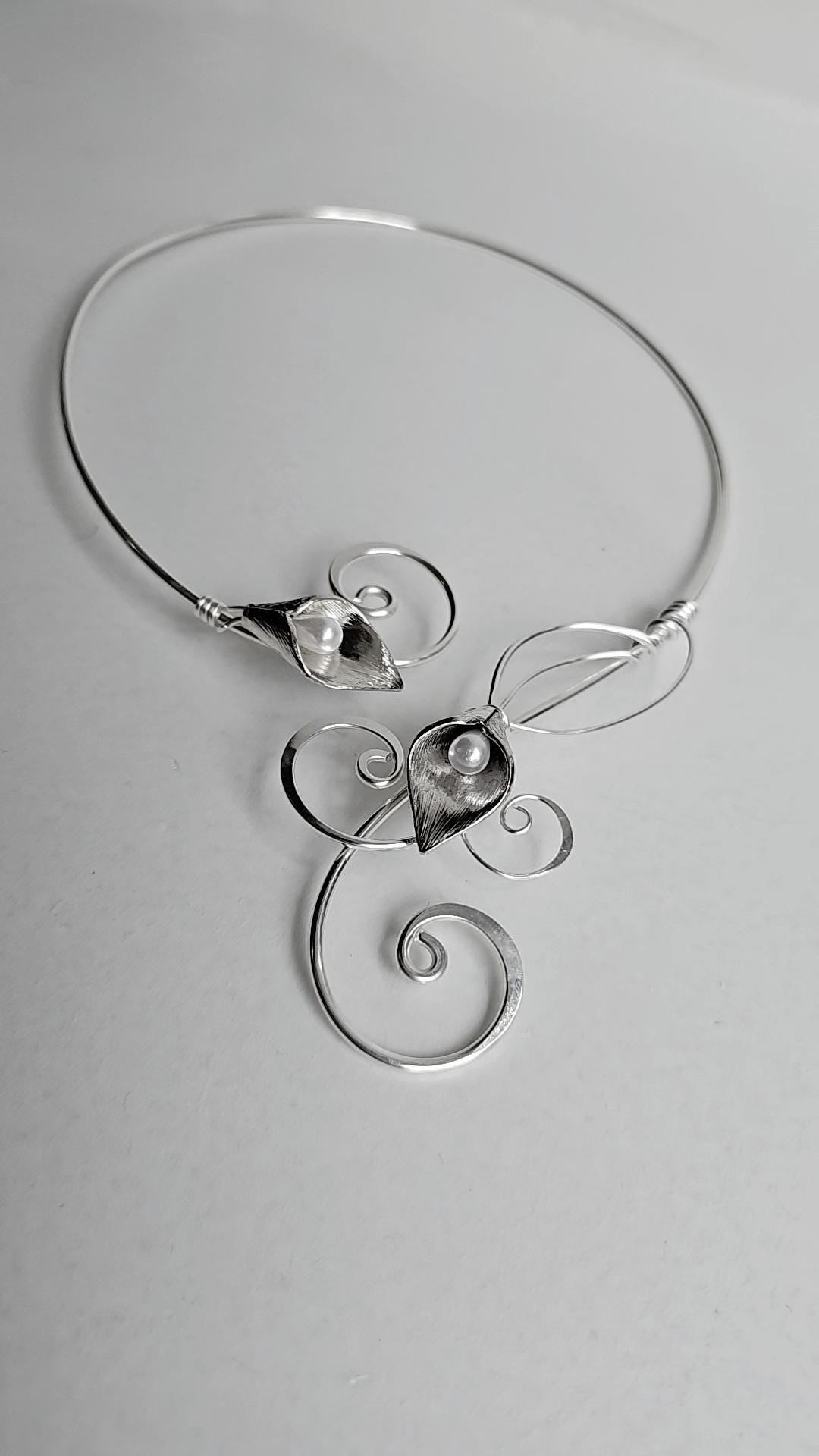 Lily Torc Collar Necklace - Silver Pearl Lily Accents, Adjustable Bridal & Ren Faire Choker