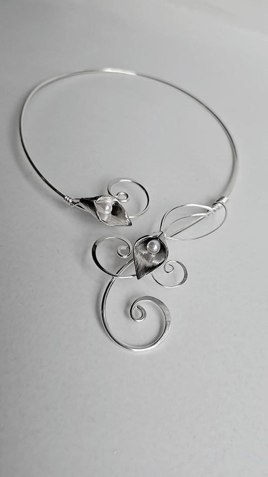 Lily Torc Collar Necklace - Silver Pearl Lily Accents, Adjustable Bridal & Ren Faire Choker