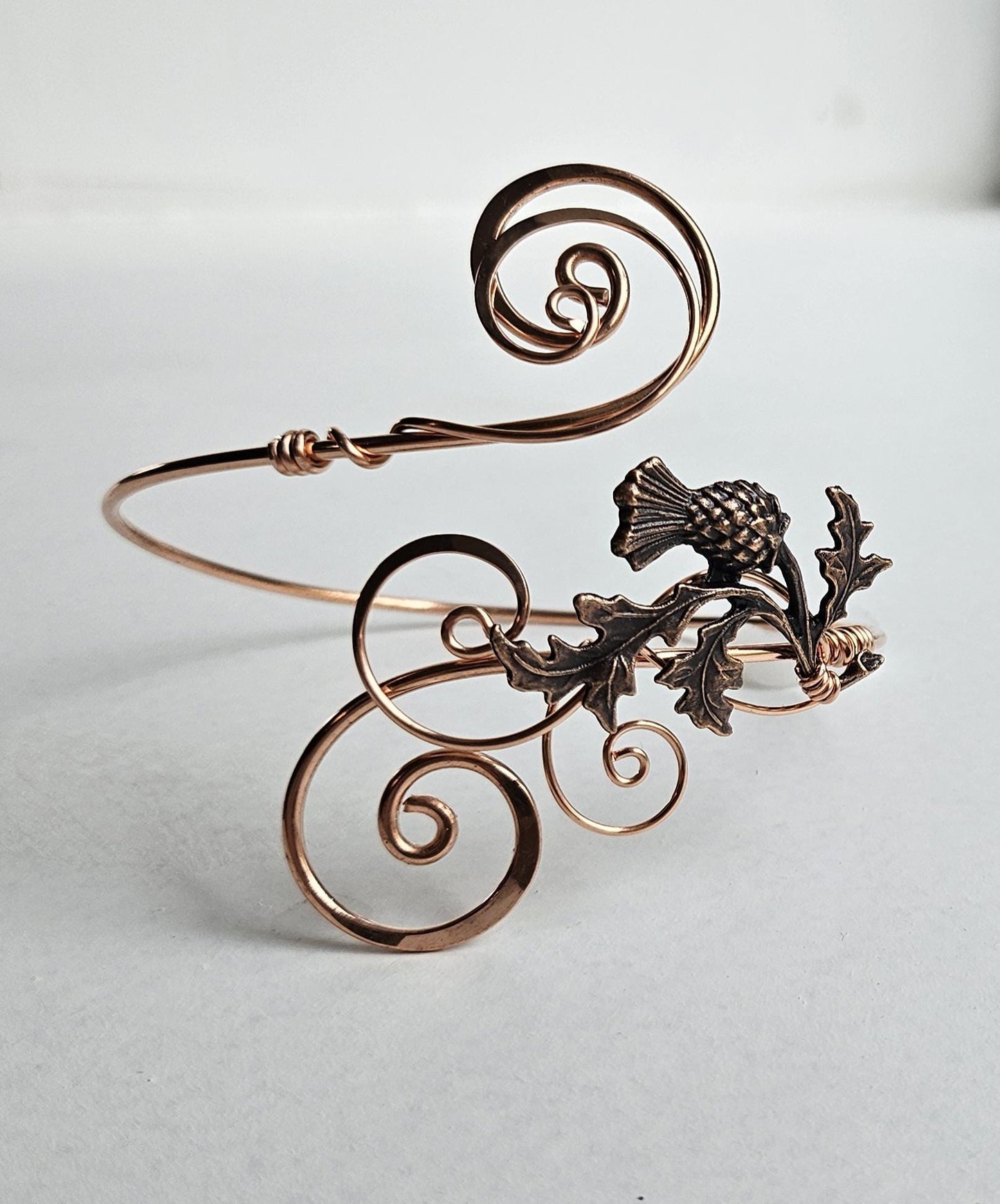 Handmade Copper Thistle Arm Cuff - Adjustable Hammered Nature-Inspired Bracelet