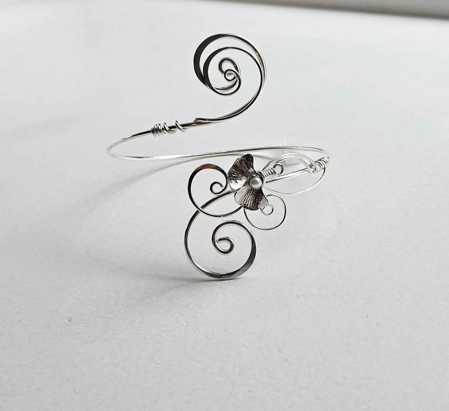 Silver Plated Copper Arm Cuff with Pearl Ginkgo Leaf - Adjustable Botanical Bracelet