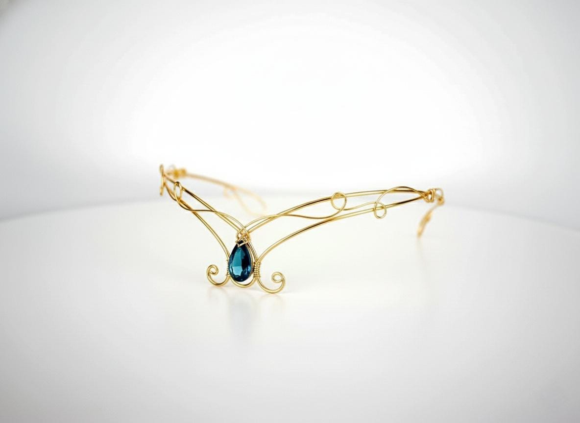 Gold tiara headpiece, blue crystal elements, elven forehead circlet crown
