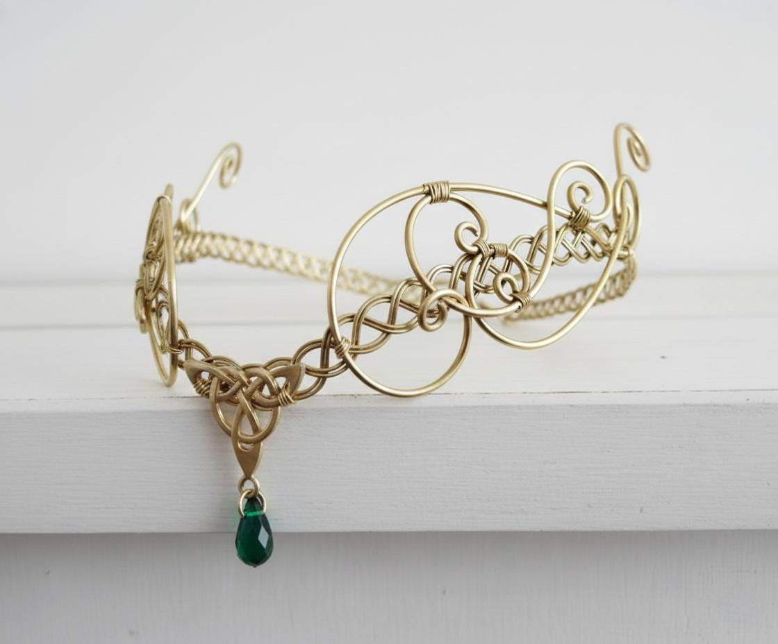 Gold Celtic medieval headpiece, green crystal elven wedding tiara circlet