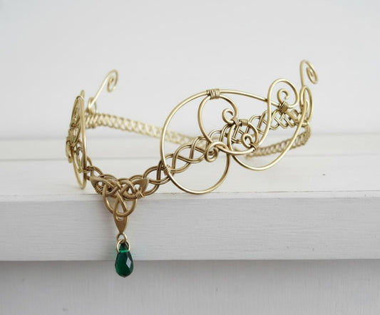 Gold Celtic medieval headpiece, green crystal elven wedding tiara circlet