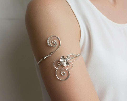 Silver Plated Copper Arm Cuff with Pearl Ginkgo Leaf - Adjustable Botanical Bracelet