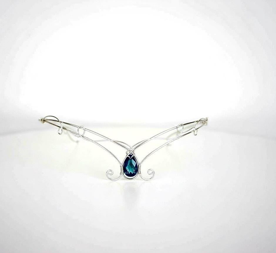 Medieval elven forest tiara in silver with Bermuda blue crystal