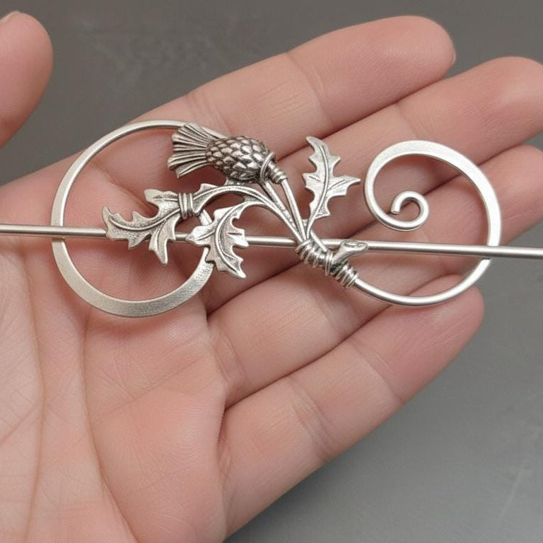 Silver Thistle Pin for Shawl or Scarf, Handmade in Scotland, knit Sweater Fastener,