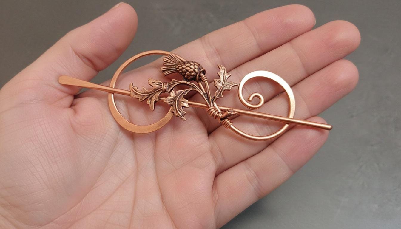 Copper Thistle Shawl Pin or Hair Stick, Scottish Scarf Brooch, Handmade in Scotland, Sweater Fastener, 7th Anniversary