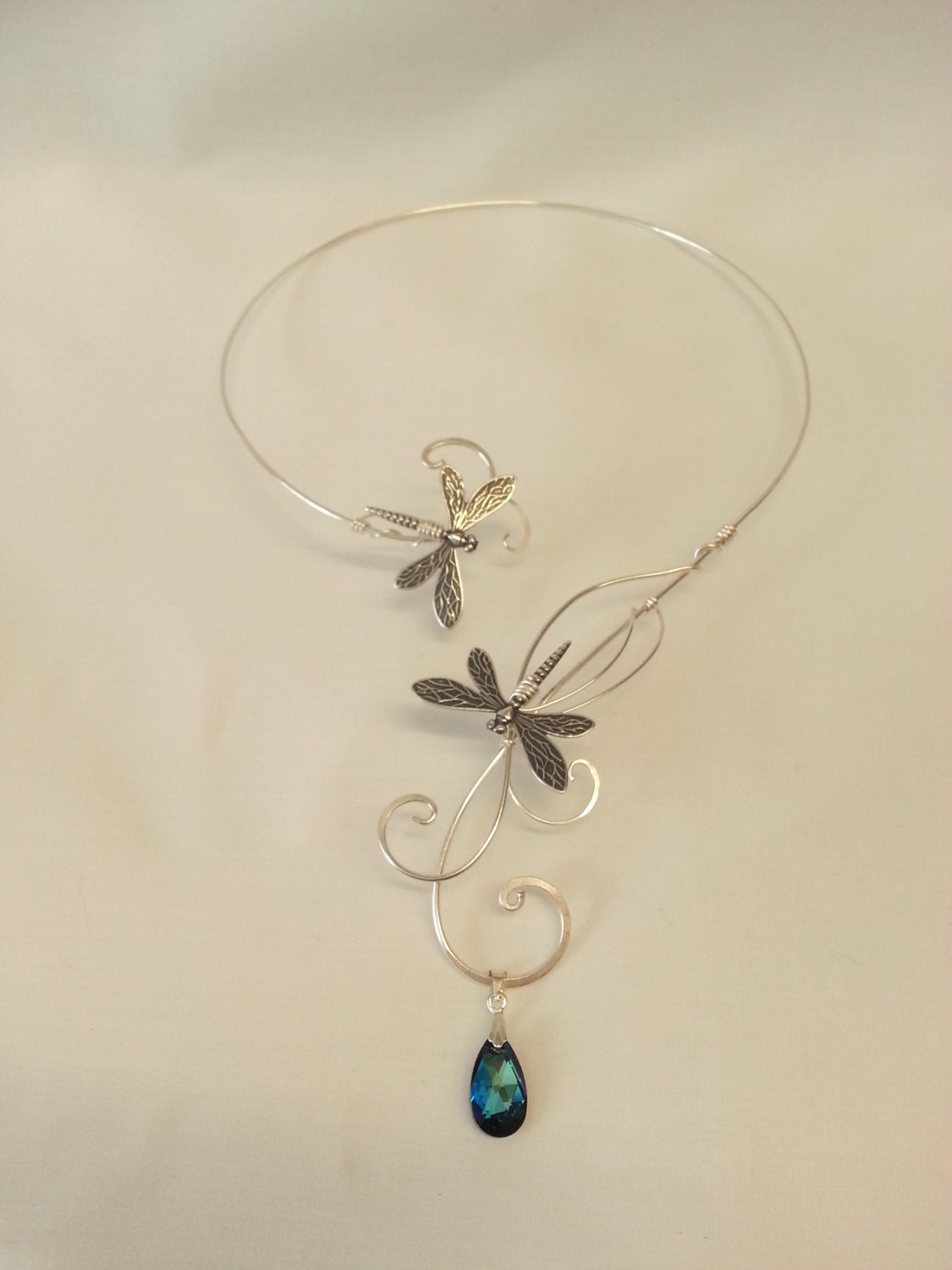 Bermuda Blue Crystal, elements silver dragonfly torc necklace collar
