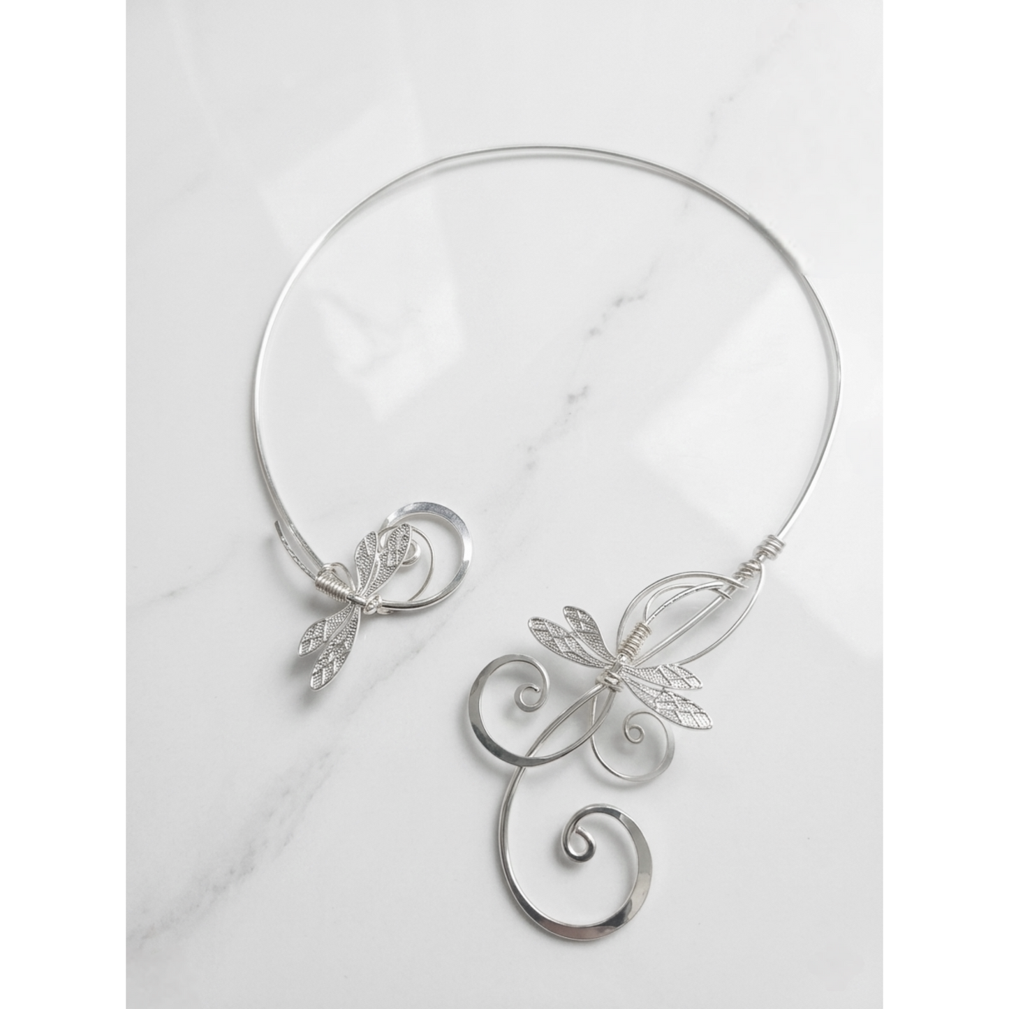 Handmade Silver Plated Dragonfly Torc Necklace | Elven Wire Wrapped Choker