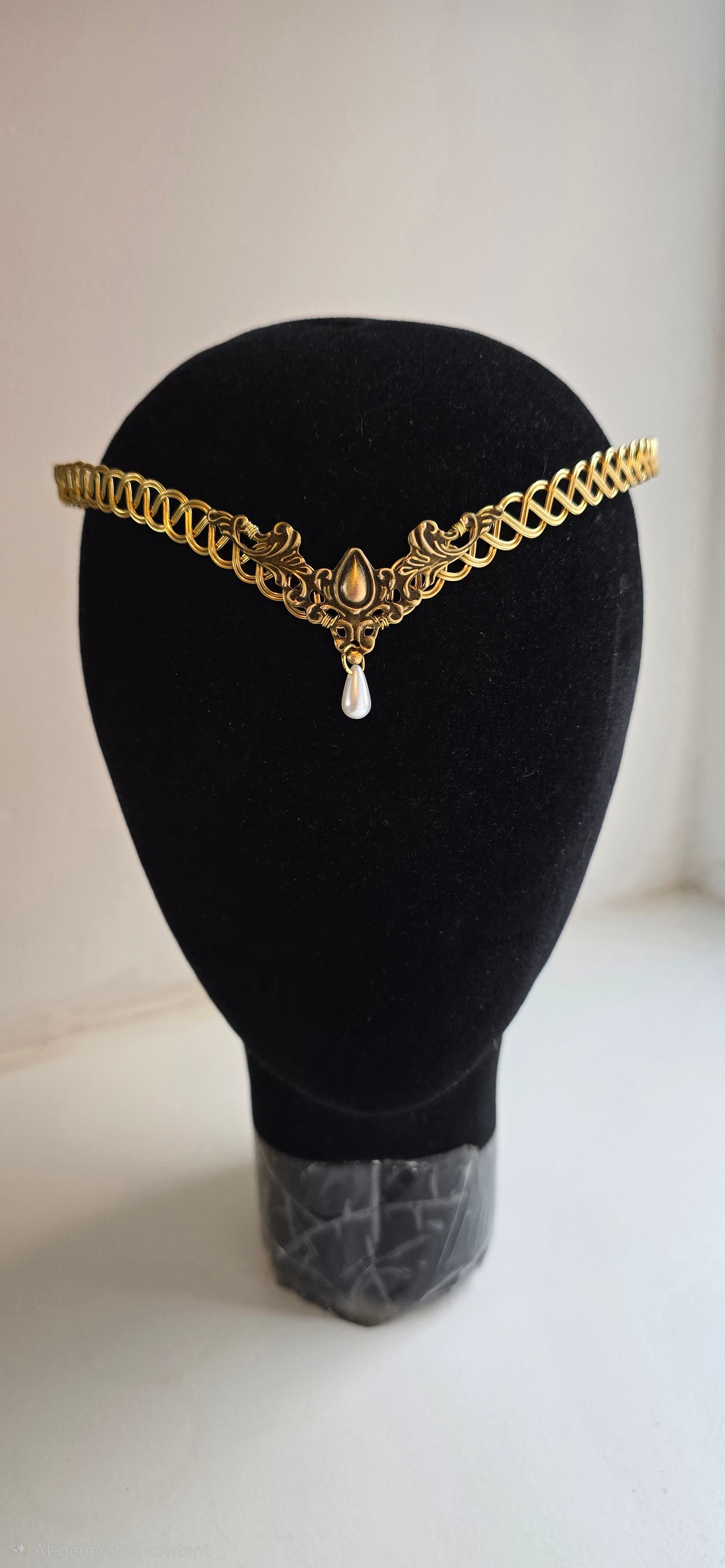 Gold Brass Celtic Weave Circlet – Elven Tiara with Faux Pearl Drop – Renaissance Faire & Fantasy Bridal Headpiece