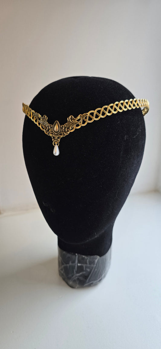 Gold Brass Celtic Weave Circlet – Elven Tiara with Faux Pearl Drop – Renaissance Faire & Fantasy Bridal Headpiece