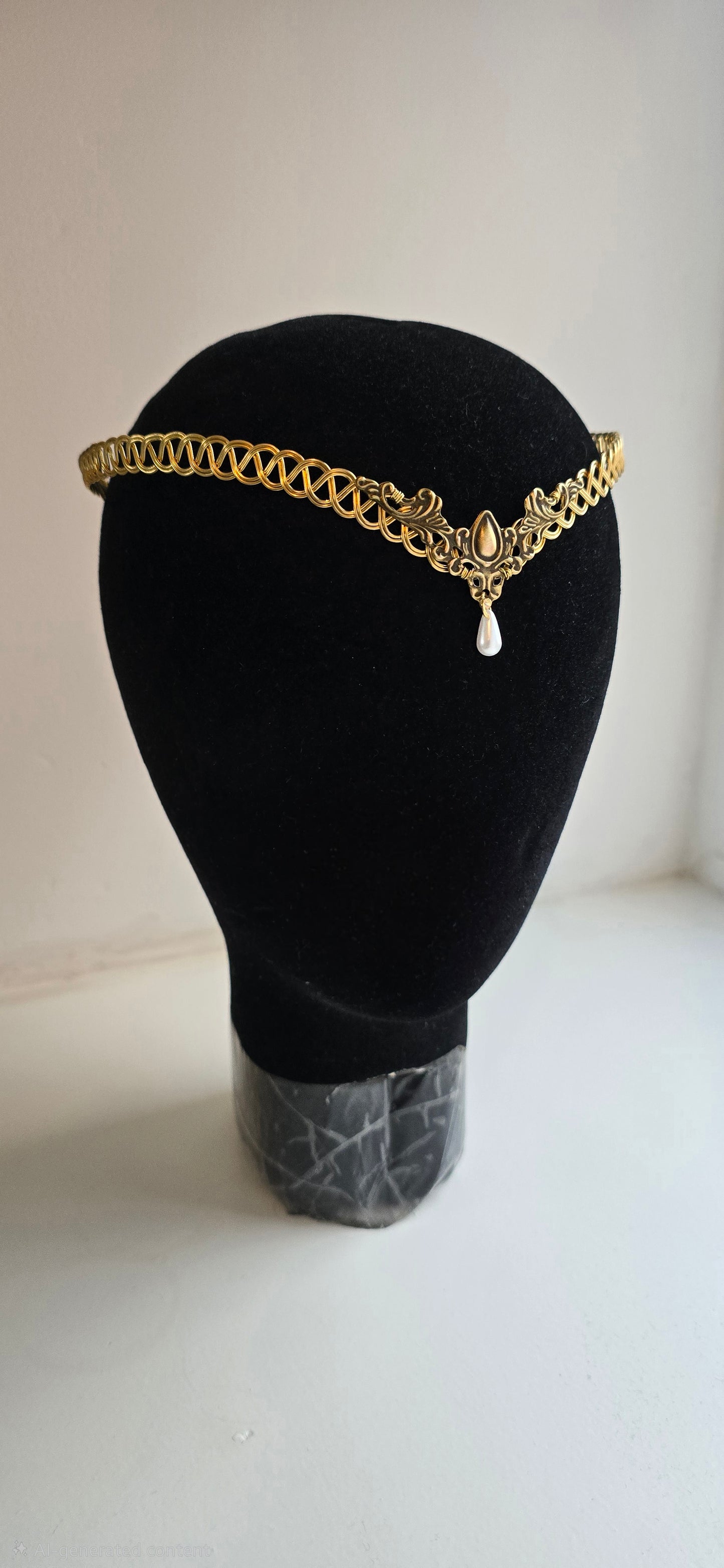 Gold Brass Celtic Weave Circlet – Elven Tiara with Faux Pearl Drop – Renaissance Faire & Fantasy Bridal Headpiece