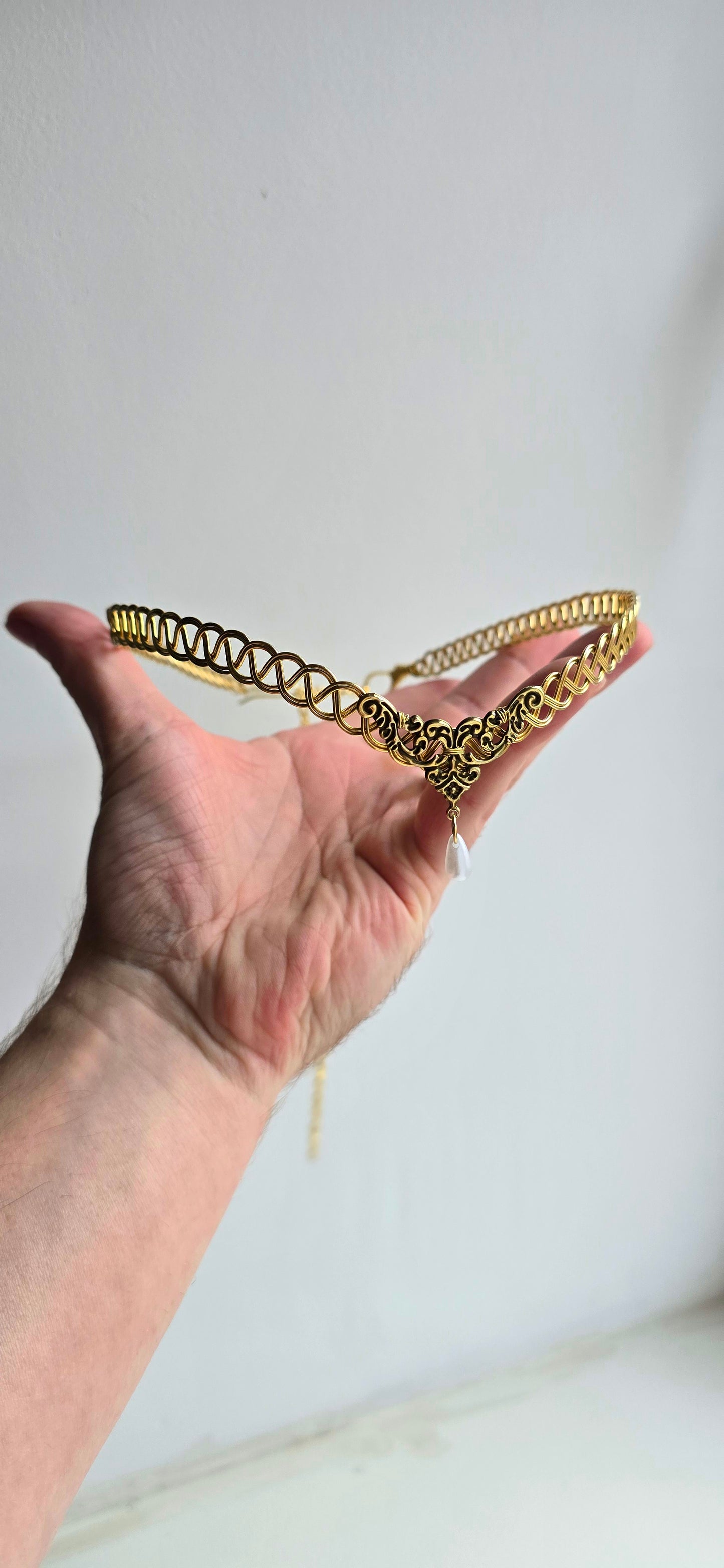Handmade Brass Celtic Weave Circlet with Pearl Drop | Elven Medieval Tiara