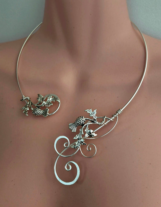 Scottish Thistle Torc Necklace | Silver-Plated Hammered Collar
