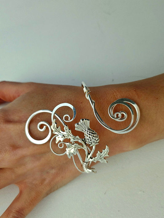 Silver Plated Scottish Thistle Bangle Cuff