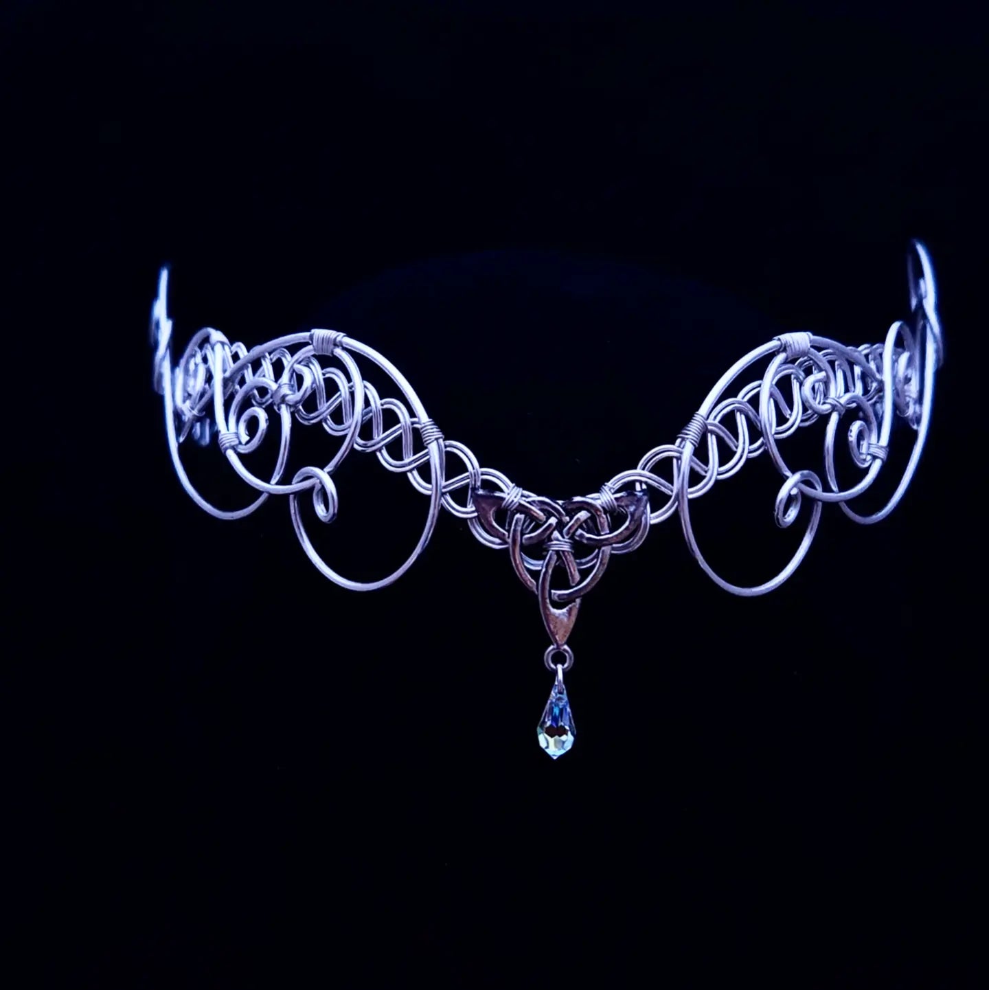 Silver Celtic Handfasting Tiara | Triquetra Forehead Circlet with AB Crystal