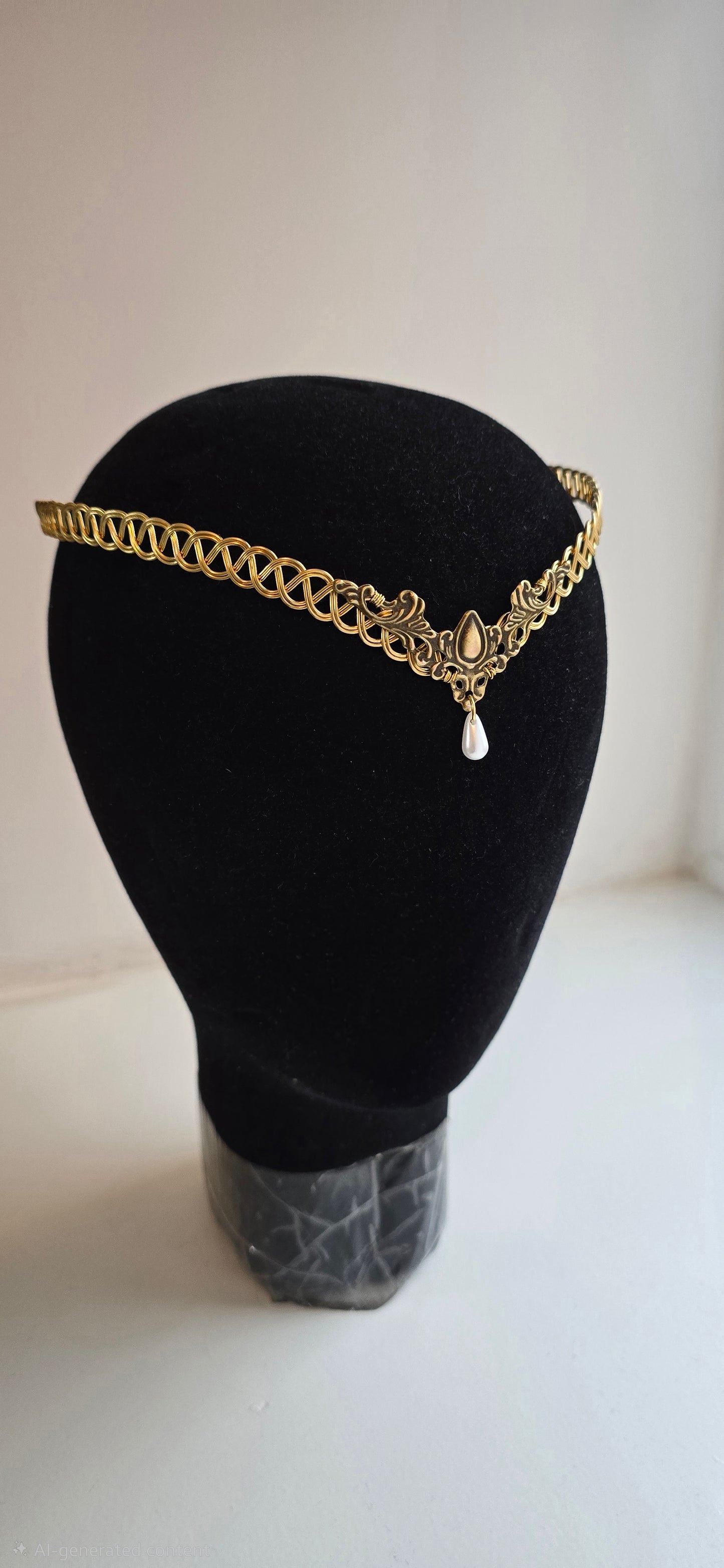 Gold Brass Celtic Weave Circlet – Elven Tiara with Faux Pearl Drop – Renaissance Faire & Fantasy Bridal Headpiece
