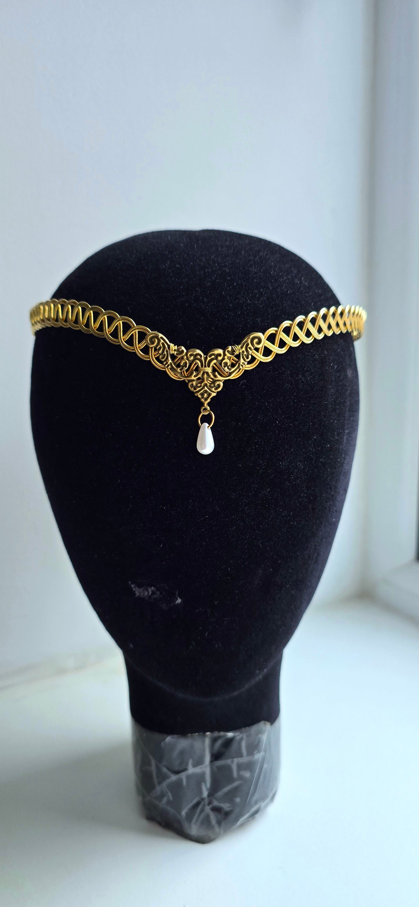 Handmade Brass Celtic Weave Circlet with Pearl Drop | Elven Medieval Tiara