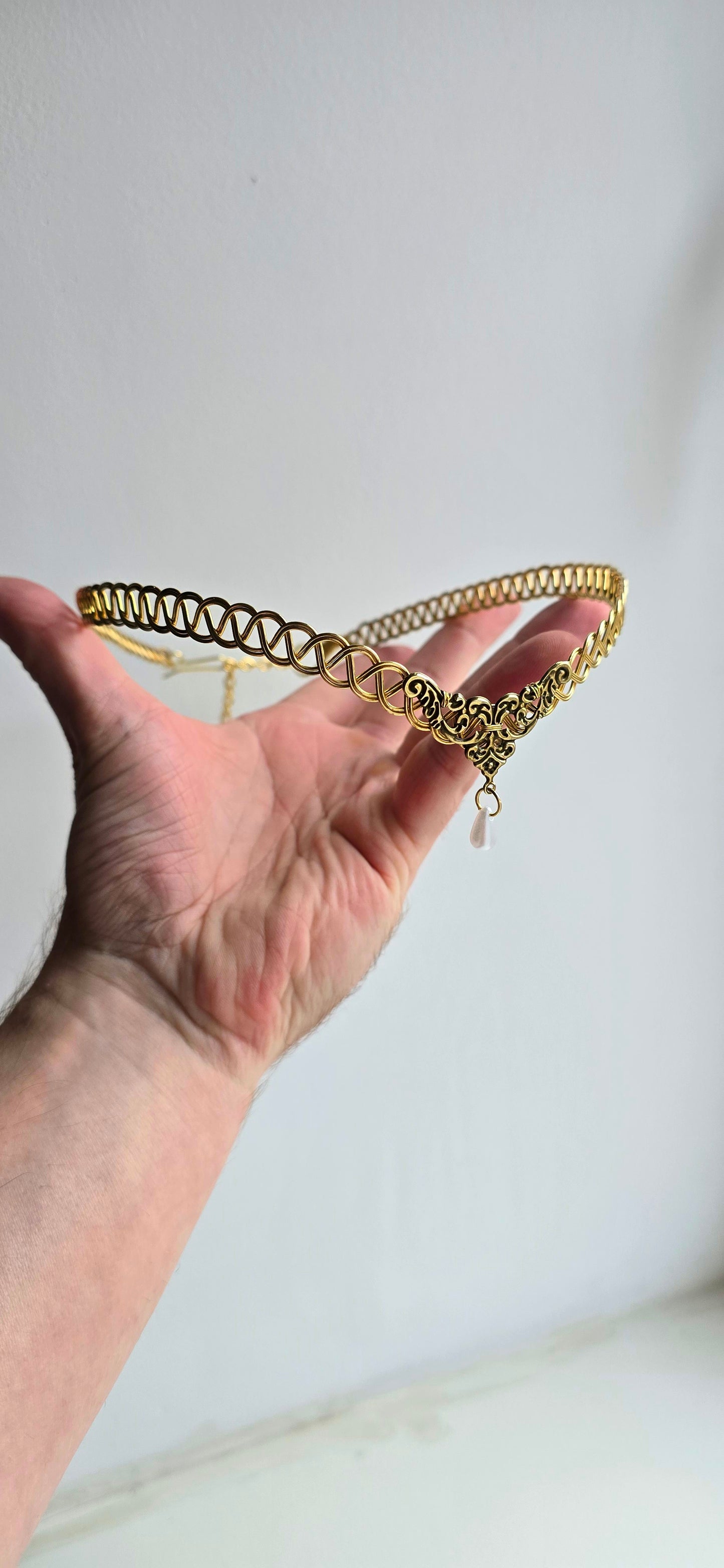 Handmade Brass Celtic Weave Circlet with Pearl Drop | Elven Medieval Tiara
