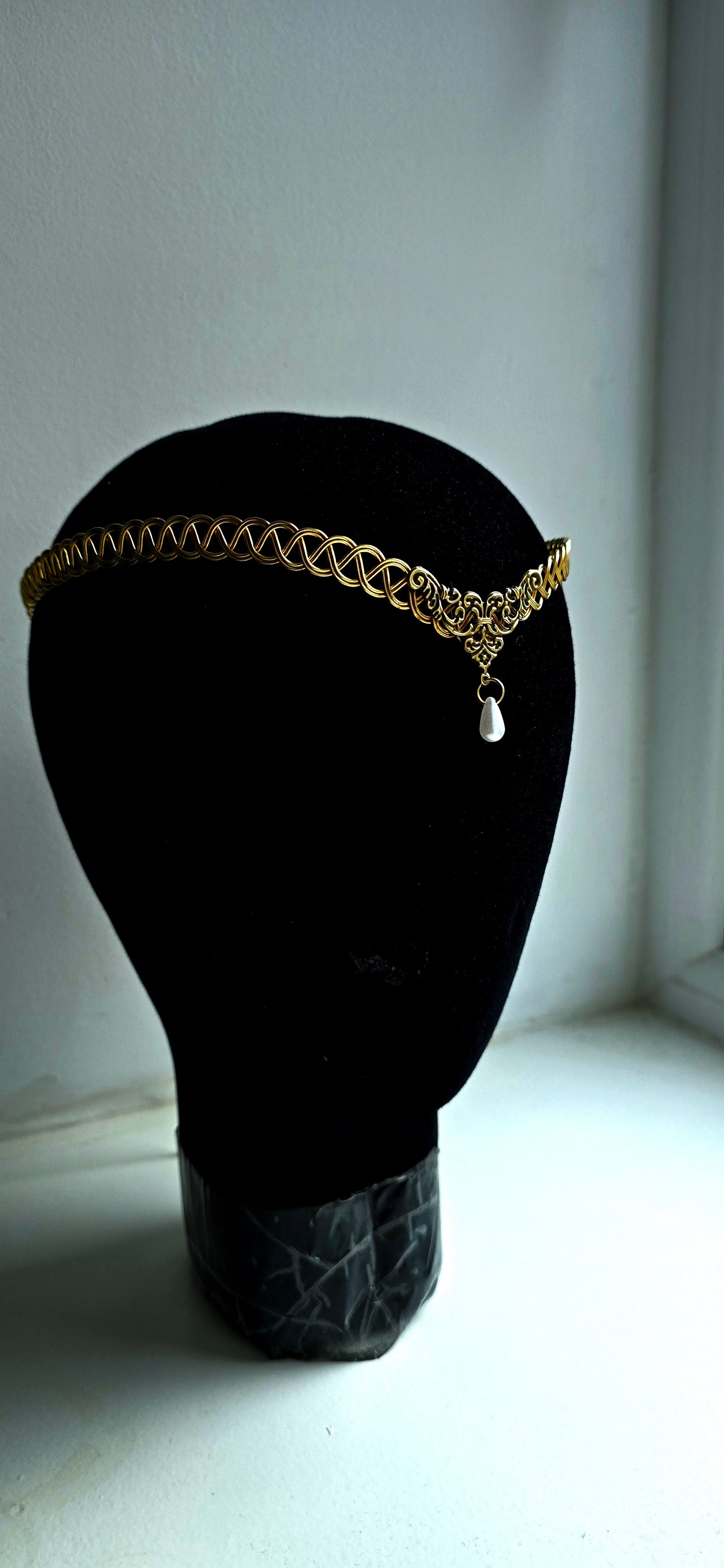 Handmade Brass Celtic Weave Circlet with Pearl Drop | Elven Medieval Tiara