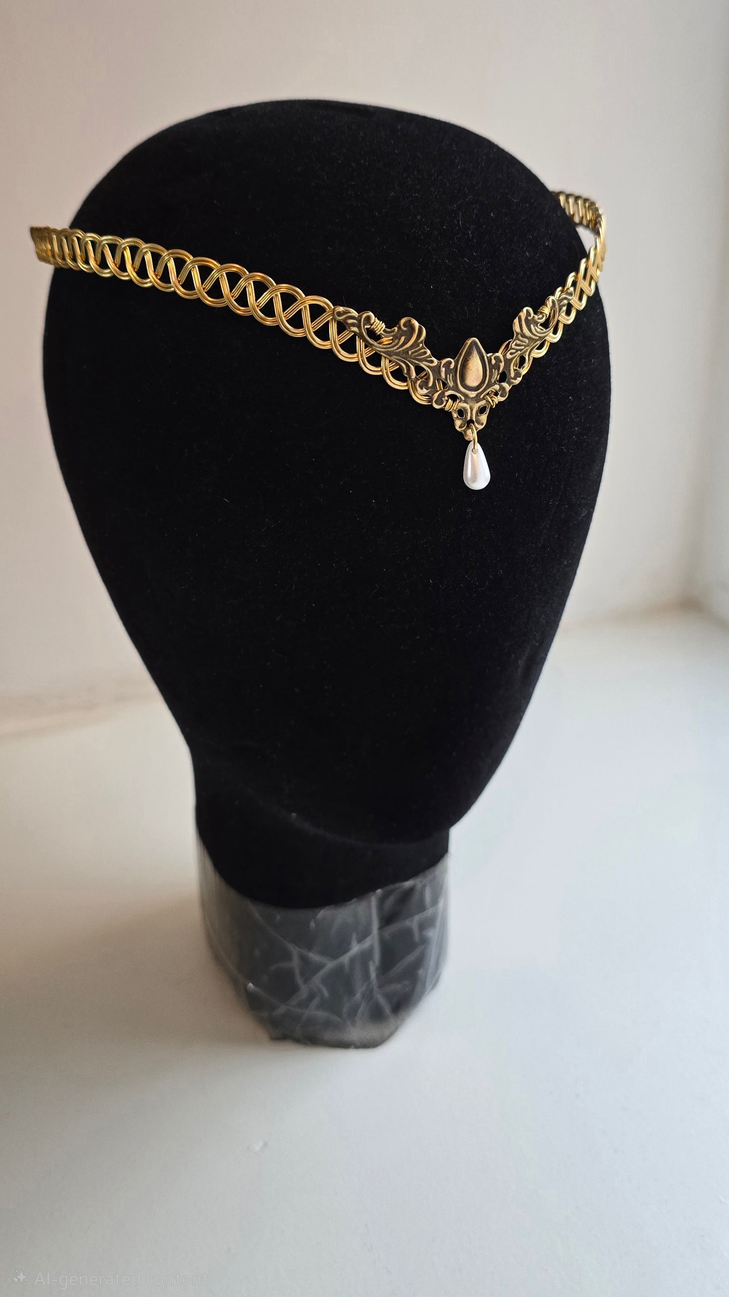 Gold Brass Celtic Weave Circlet – Elven Tiara with Faux Pearl Drop – Renaissance Faire & Fantasy Bridal Headpiece