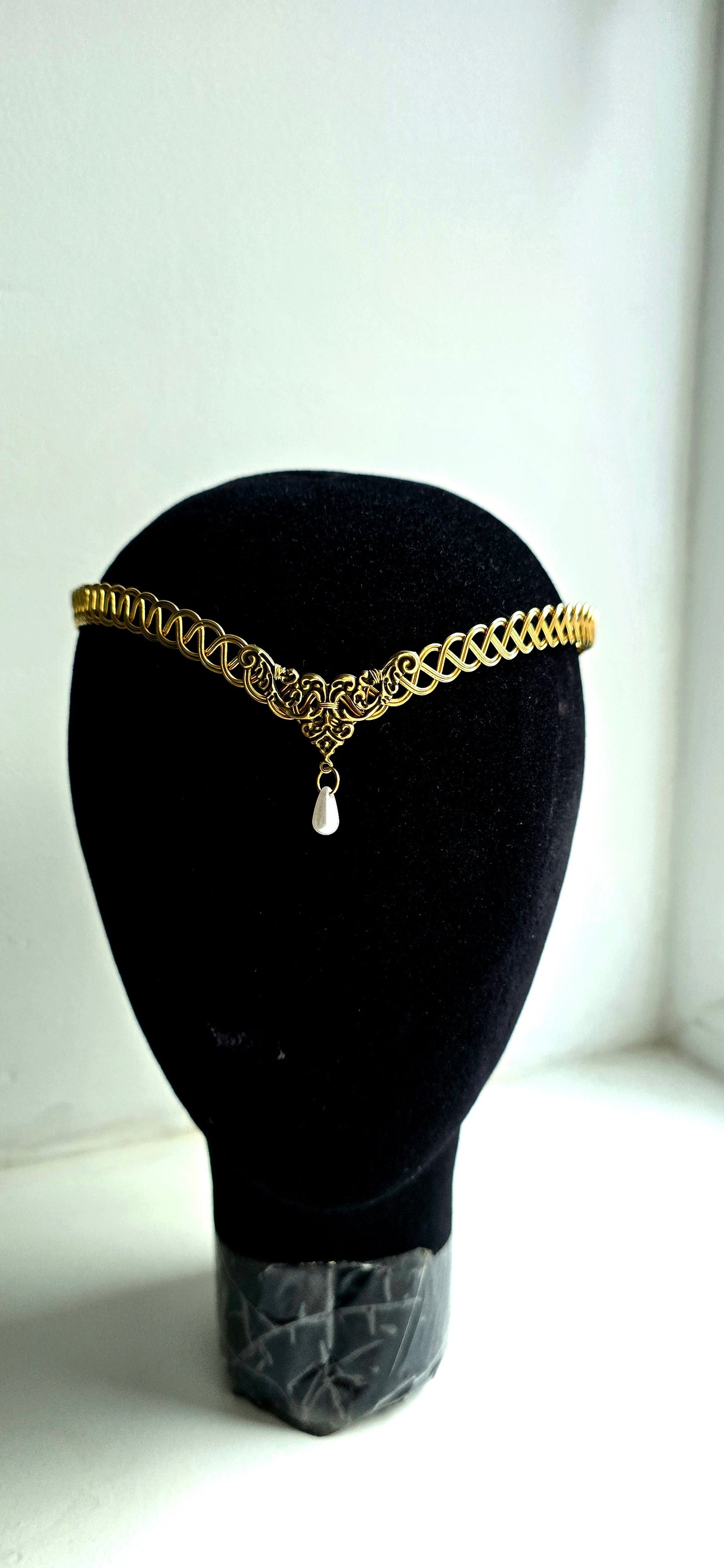 Handmade Brass Celtic Weave Circlet with Pearl Drop | Elven Medieval Tiara